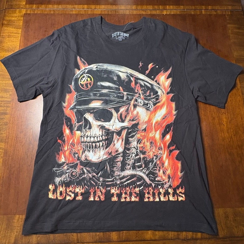 Lost in the Hills Skull Flames Double-Sided Graphic T-Shirt Large